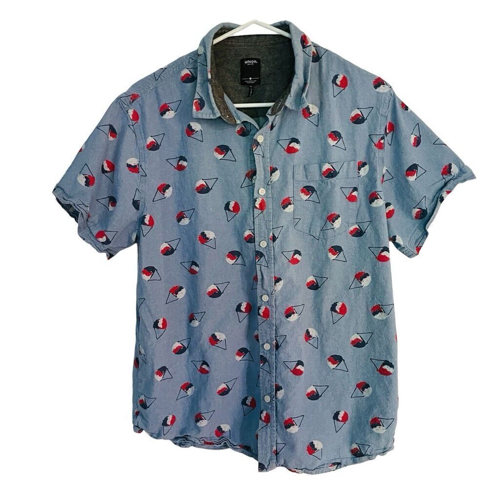 Union Sea/Wa Shirt Mens XL Blue Slim Fit Snow Cone Print Short Sleeve Runs Small